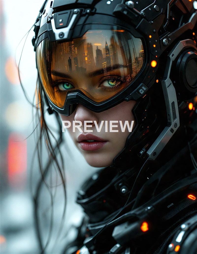 A close-up of a woman wearing a futuristic helmet with orange-tinted visor, reflecting a cityscape with tall buildings, and her piercing blue eyes visible through the visor.